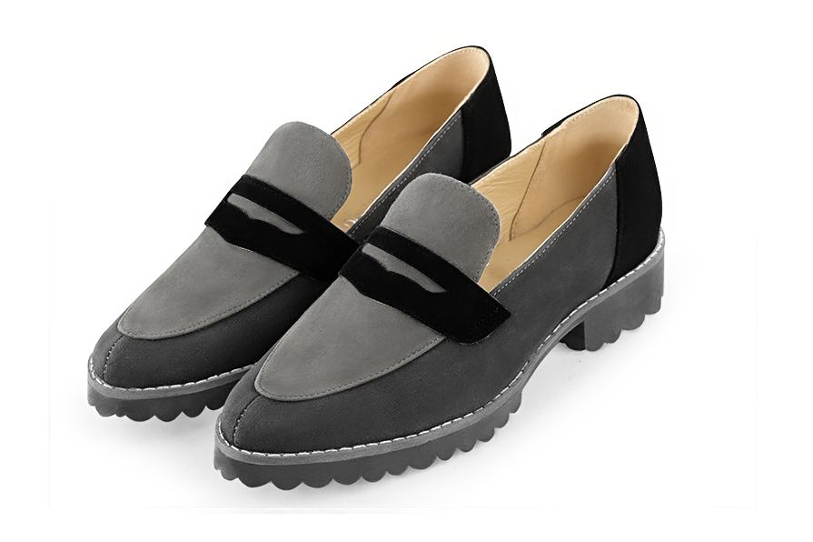 Dark grey and matt black women's casual loafers. Round toe. Flat rubber soles. Front view - Florence KOOIJMAN
